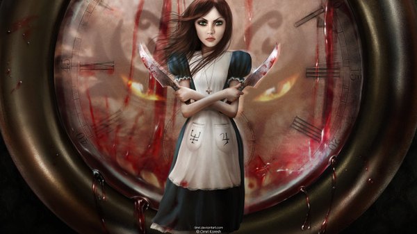 Anime picture 1280x720 with american mcgee's alice (game) alice: madness returns alice (american mcgee's) single long hair brown hair wide image green eyes girl dress weapon blood cross clock knife