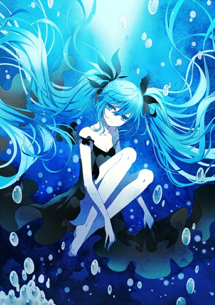 Anime picture 700x993 with vocaloid shinkai shoujo (vocaloid) hatsune miku ling (sroin) single tall image looking at viewer fringe twintails bare shoulders very long hair barefoot aqua eyes aqua hair legs underwater girl dress black dress bubble (bubbles)