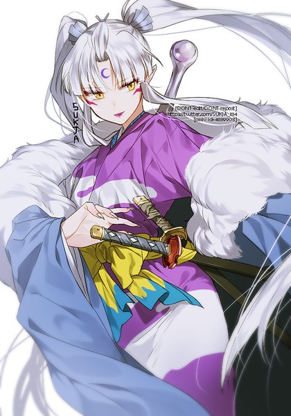 Anime picture 600x857 with inuyasha sesshoumaru's mother sorolp single long hair tall image looking at viewer blush fringe simple background white background twintails signed yellow eyes white hair traditional clothes japanese clothes fingernails wide sleeves fur trim
