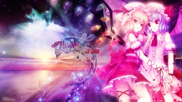 Anime picture 1600x900 with touhou flandre scarlet remilia scarlet short hair blonde hair red eyes wide image multiple girls purple hair cloud (clouds) inscription wallpaper holding hands evening sunset shoujo ai hand on head bat wings demon wings hand on cheek