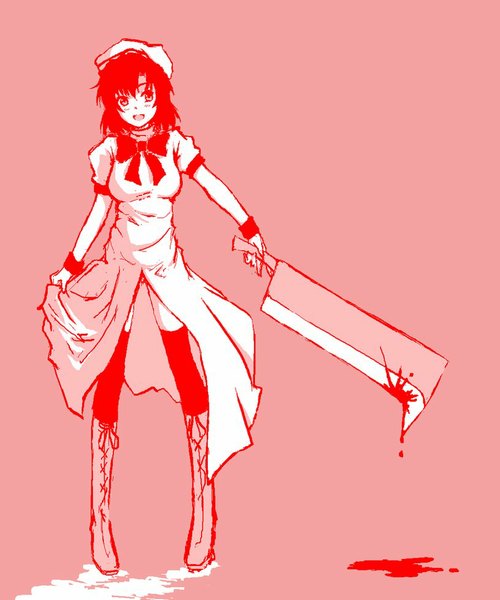 Anime picture 816x979 with higurashi no naku koro ni studio deen ryuuguu rena pas (paxiti) single tall image blush fringe short hair breasts red eyes standing holding puffy sleeves monochrome red background lacing thighhighs dress weapon