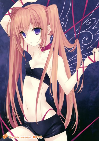 Anime picture 2540x3600 with girls, girls, girls! 11 (artbook) suzuhira hiro single long hair tall image highres breasts blue eyes light erotic brown hair twintails scan official art dark background girl thighhighs navel ribbon (ribbons) black thighhighs shorts