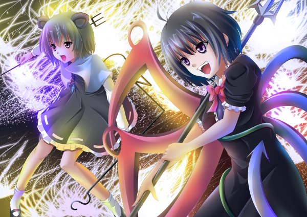 Anime picture 1200x848 with touhou houjuu nue nazrin meitoku (artist) short hair open mouth black hair purple eyes multiple girls brown eyes animal ears silver hair girl weapon 2 girls wings trident