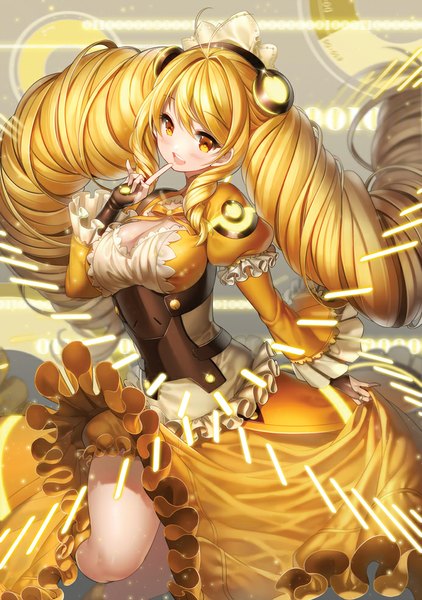 Anime picture 692x983 with vividred operation vividyellow aile (crossroads) single long hair tall image looking at viewer blush fringe open mouth blonde hair twintails yellow eyes ahoge drill hair finger to mouth underbust girl dress corset