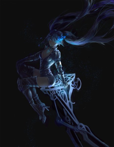 Anime picture 1159x1500 with black rock shooter black rock shooter (character) noodles (artist) single long hair tall image looking at viewer blue eyes light erotic black hair simple background smile sitting twintails bent knee (knees) high heels black background girl thighhighs gloves