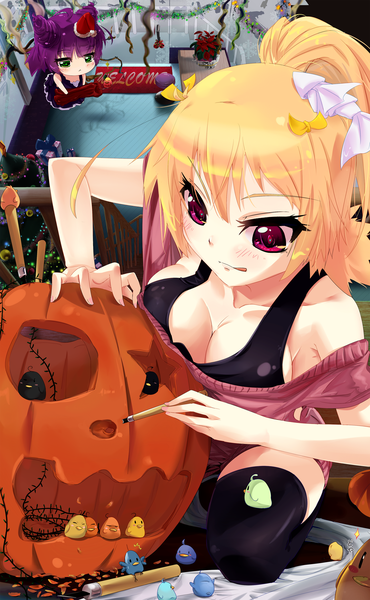 Anime picture 1701x2754 with original initial f tall image blush highres short hair breasts blonde hair red eyes large breasts chibi girl thighhighs bow black thighhighs hair bow vegetables pumpkin