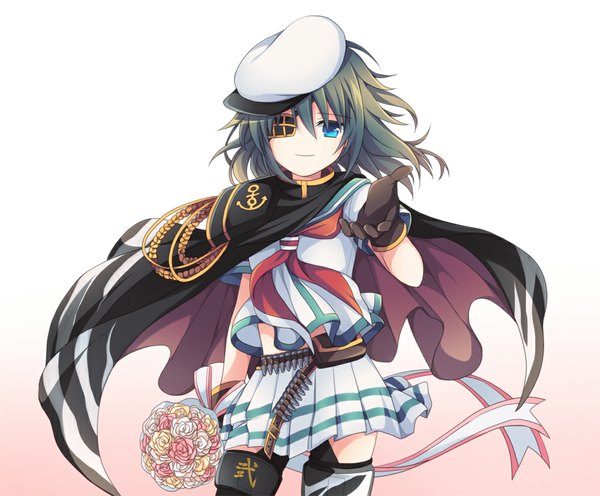 Anime picture 1000x827 with kantai collection kiso light cruiser soranagi single looking at viewer short hair blue eyes simple background light smile wind gradient background outstretched arm dark hair girl gloves flower (flowers) ribbon (ribbons) black gloves cape beret