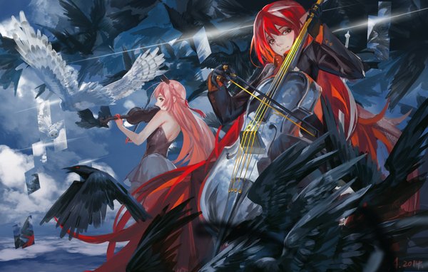 Anime picture 1946x1240 with original pixiv fantasia pixiv fantasia fallen kings alcd long hair looking at viewer blush highres red eyes multiple girls signed pink hair cloud (clouds) red hair braid (braids) horn (horns) pointy ears orange eyes playing instrument girl