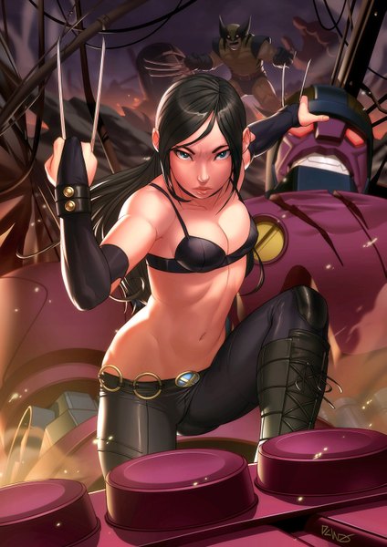 Anime picture 1131x1600 with x-men marvel comics x-23 (laura kinney) wolverine (character) dcwj long hair tall image looking at viewer breasts open mouth blue eyes light erotic black hair red eyes signed black eyes realistic girl boy navel