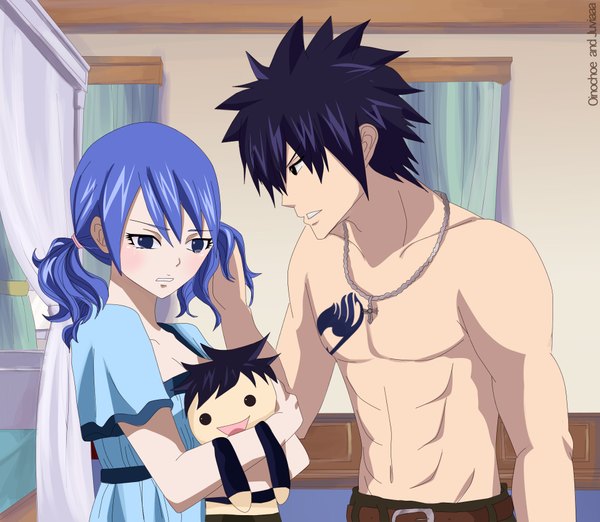 Anime picture 1920x1673 with fairy tail gray fullbuster juvia lockser oinochoe blush fringe highres breasts blue eyes standing holding blue hair purple hair tattoo alternate costume couple tears topless muscle girl