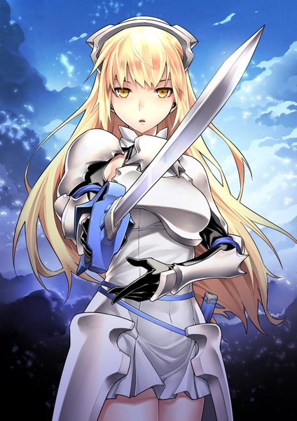 Anime picture 1131x1600 with dungeon ni deai wo motomeru no wa machigatteiru darou ka j.c. staff aiz wallenstein kunieda single long hair tall image looking at viewer blonde hair yellow eyes scan official art morning sunrise knight girl dress weapon sword armor