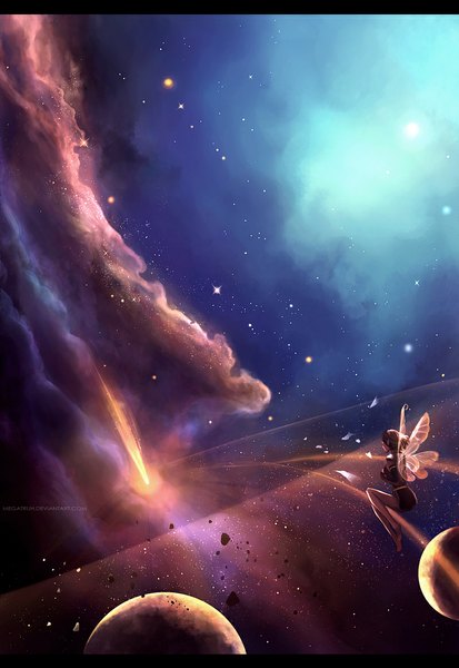 Anime picture 800x1160 with original megatruh single tall image short hair brown hair light landscape scenic space fairy girl wings star (stars) planet