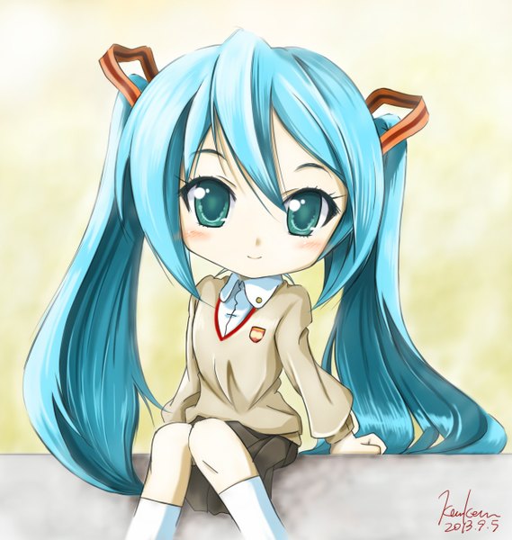 Anime picture 1255x1323 with vocaloid hatsune miku kem kem single long hair tall image blush blue eyes sitting twintails blue hair chibi girl uniform school uniform