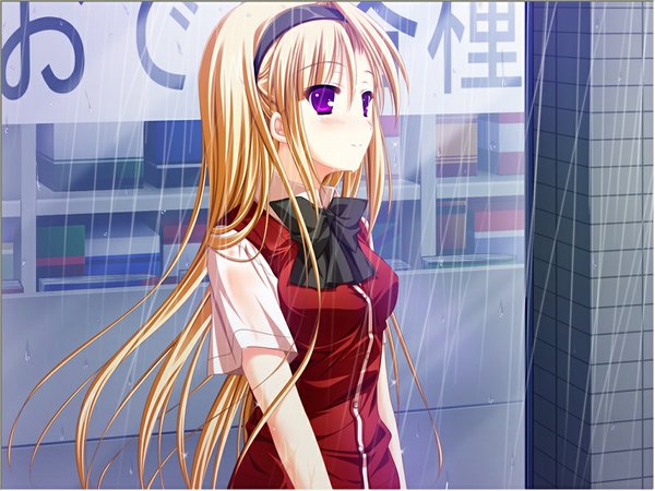 Anime picture 1024x768 with rain memory amamiya rein long hair purple eyes game cg orange hair rain girl serafuku