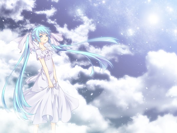 Anime picture 1200x900 with vocaloid hatsune miku jyuru long hair twintails cloud (clouds) aqua eyes aqua hair girl sundress