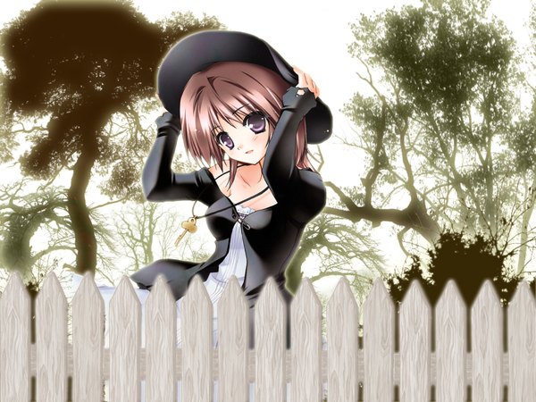 Anime picture 1600x1200 with minase lin brown hair black eyes photo background girl plant (plants) hat tree (trees) fence