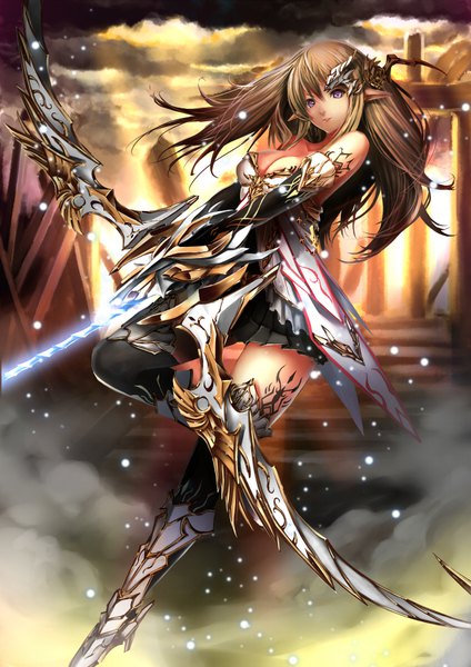 Anime picture 636x900 with original mokijet single long hair tall image looking at viewer fringe breasts light erotic hair between eyes brown hair standing purple eyes cleavage cloud (clouds) pleated skirt pointy ears sunlight tattoo standing on one leg