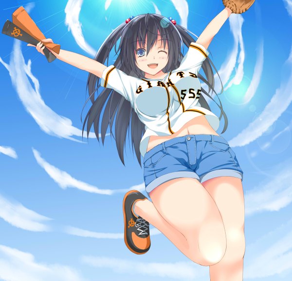 Anime picture 2500x2400 with original nakadadaichi single long hair blush highres open mouth blue eyes black hair smile sky cloud (clouds) one eye closed wink jumping clothes writing girl shoes shorts t-shirt