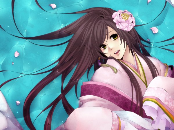Anime picture 1600x1200 with original asami yoruko single long hair looking at viewer open mouth brown hair green eyes lying traditional clothes japanese clothes hair flower on back hands in sleeves girl hair ornament flower (flowers) petals water kimono