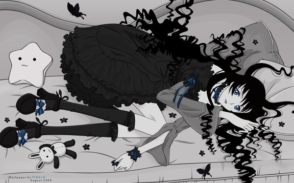Anime picture 1920x1200 with xxxholic clamp kunogi himawari highres black hair wide image monochrome curly hair girl dress insect butterfly toy