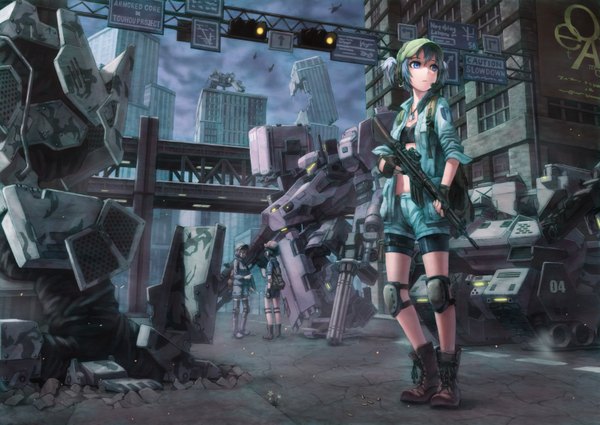 Anime picture 1694x1200 with touhou armored core kawashiro nitori kurione (zassou) short hair blue eyes black hair standing twintails multiple girls holding blue hair sky purple hair cloud (clouds) from behind open clothes open jacket city glowing