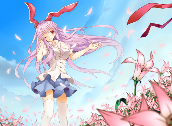 Anime picture 1500x1100 with touhou reisen udongein inaba ken123456 long hair blush red eyes purple hair one eye closed wink bunny ears bunny girl girl thighhighs skirt flower (flowers) miniskirt shirt petals white thighhighs