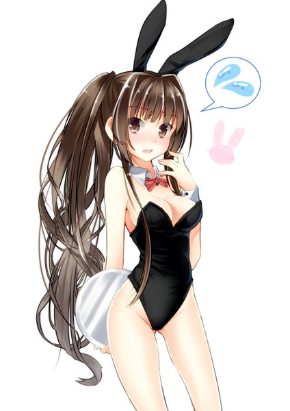 Anime picture 1191x1684 with kantai collection yamato super battleship tika (mika4975) single long hair tall image looking at viewer blush fringe breasts open mouth light erotic simple background brown hair large breasts white background brown eyes animal ears ponytail bunny ears