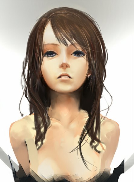 Anime picture 631x853 with nil (artist) single long hair tall image looking at viewer fringe open mouth light erotic simple background brown hair bare shoulders grey background grey eyes close-up girl