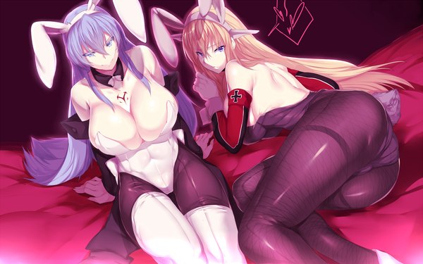 Anime picture 1440x900 with kantai collection akame ga kill! white fox bismarck battleship esdeath hews long hair breasts blue eyes light erotic blonde hair smile large breasts bare shoulders multiple girls animal ears blue hair cleavage bunny ears pantyshot