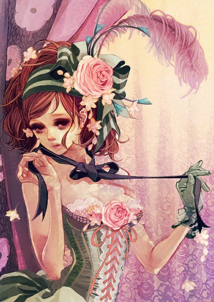 Anime picture 626x886 with original matsuo hiromi single long hair tall image looking at viewer bare shoulders brown eyes orange hair girl dress gloves flower (flowers) bow hair bow rose (roses) curtains feather (feathers) pink rose green dress