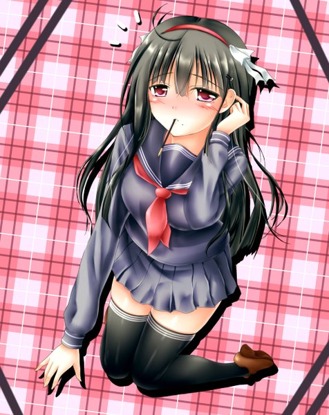 Anime picture 1000x1260 with original hiro (725611) single long hair tall image looking at viewer blush black hair red eyes zettai ryouiki incoming pocky kiss girl thighhighs skirt black thighhighs serafuku food hairband sweets pocky