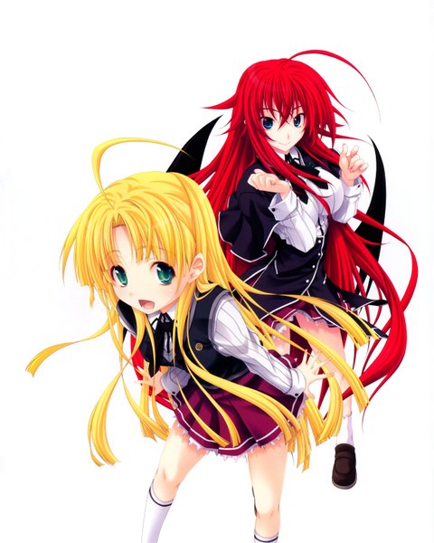 Anime picture 4960x6192 with highschool dxd rias gremory asia argento miyama zero long hair tall image highres open mouth blue eyes blonde hair simple background white background multiple girls green eyes absurdres ahoge red hair scan official art girl