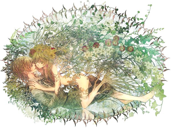 Anime picture 2051x1541 with original shijuu hachi long hair highres short hair light erotic simple background blonde hair brown hair white background green eyes lying barefoot hair flower grey eyes couple hug tears reflection face to face