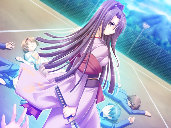Anime picture 1200x900 with gakuto (game) long hair brown eyes game cg purple hair girl sword katana