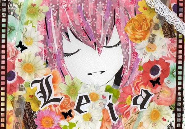 Anime picture 1191x831 with vocaloid leia (vocaloid) megurine luka long hair fringe pink hair eyes closed light smile inscription pale skin girl flower (flowers) frills insect butterfly