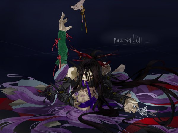 Anime picture 1200x900 with vocaloid kamui gakupo dame neko black hair simple background red eyes holding purple hair lying very long hair inscription couple black background blindfold girl boy hands