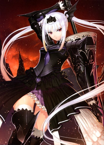 Anime picture 4748x6596 with shining (series) shining resonance excela noa aura tony taka single long hair tall image looking at viewer highres red eyes twintails absurdres white hair very long hair scan official art floating hair girl dress hair ornament