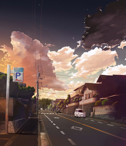 Anime picture 1200x1386 with original mk(marskind) tall image sky cloud (clouds) ground vehicle car house road traffic sign