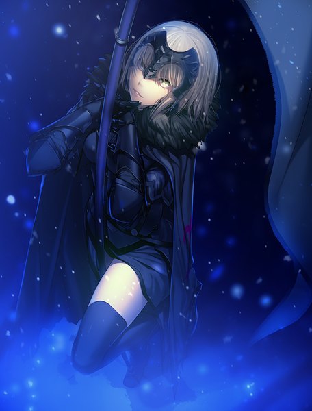 Anime picture 760x1000 with fate (series) fate/grand order fate/apocrypha jeanne d'arc (fate) (all) jeanne d'arc alter (fate) porigon single tall image looking at viewer fringe short hair breasts blonde hair smile standing holding yellow eyes full body bent knee (knees) parted lips