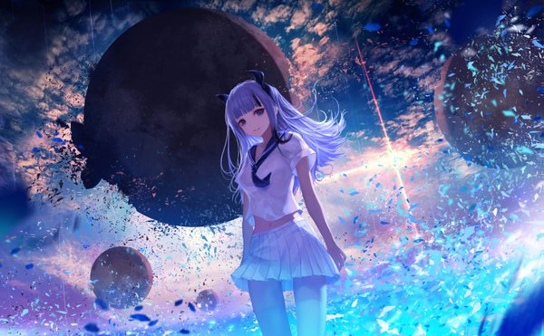 Anime picture 1447x896 with original jname single long hair looking at viewer wide image standing purple eyes sky cloud (clouds) outdoors white hair pleated skirt wind destruction girl skirt uniform bow hair bow