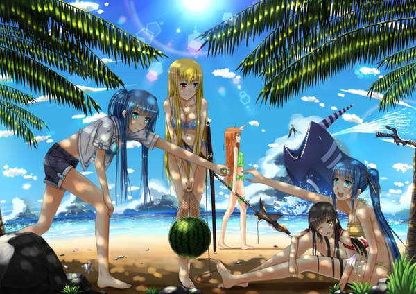 Anime picture 1754x1240 with swordsouls long hair highres blue eyes black hair blonde hair twintails multiple girls yellow eyes blue hair barefoot beach heterochromia group girl weapon swimsuit plant (plants) sword tree (trees)