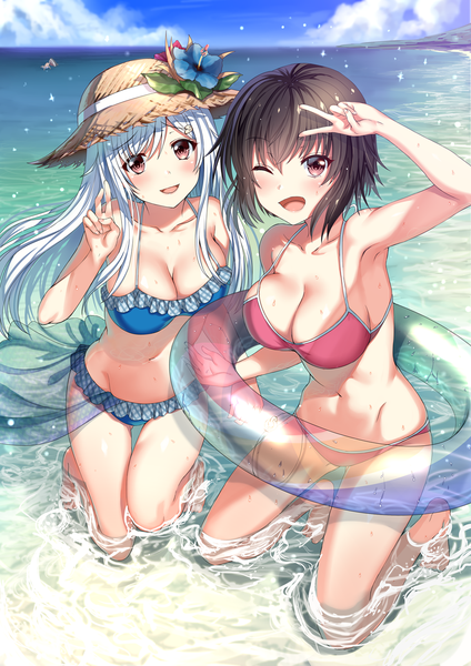 Anime picture 1060x1500 with original neeko neeko's sister arudehido long hair tall image looking at viewer blush fringe short hair breasts open mouth light erotic hair between eyes brown hair large breasts multiple girls brown eyes sky cloud (clouds)