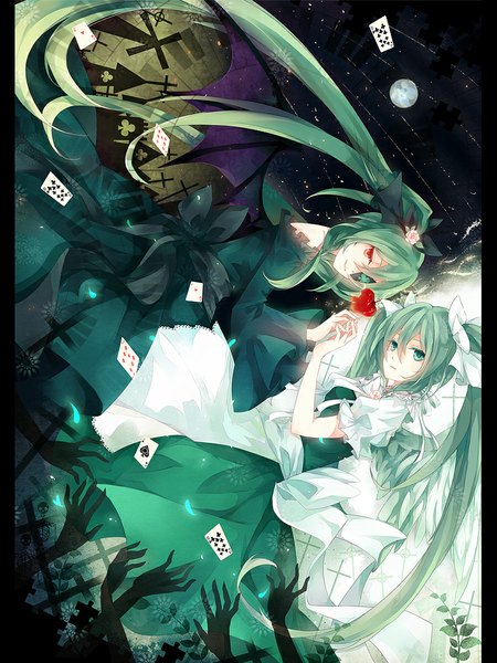 Anime picture 768x1024 with vocaloid hatsune miku neyti (artist) long hair tall image looking at viewer red eyes twintails multiple girls green eyes very long hair green hair holding hands angel wings demon wings twins girl dress bow 2 girls