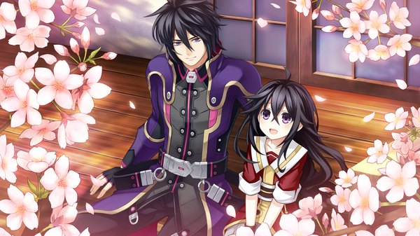Anime picture 1280x720 with fairy fencer f emily (fairy fencer f) apollonius tsunako long hair short hair black hair wide image sitting purple eyes looking away game cg cherry blossoms looking up girl boy gloves uniform plant (plants) petals