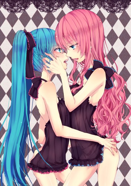Anime picture 1224x1736 with vocaloid hatsune miku megurine luka sakura shiho long hair tall image open mouth twintails bare shoulders multiple girls pink hair cleavage aqua eyes aqua hair shoujo ai checkered background almost kiss girl bow ribbon (ribbons)
