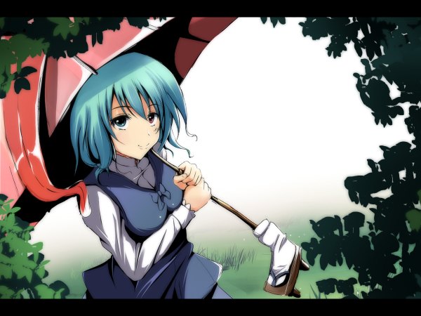 Anime picture 1200x900 with touhou tatara kogasa single short hair smile blue hair heterochromia girl plant (plants) umbrella