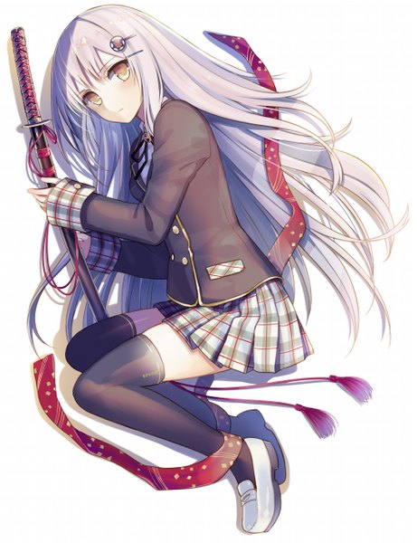 Anime picture 1000x1301 with original yuuki rika single long hair tall image looking at viewer blush simple background white background yellow eyes lying grey hair plaid skirt girl thighhighs uniform weapon black thighhighs school uniform sword