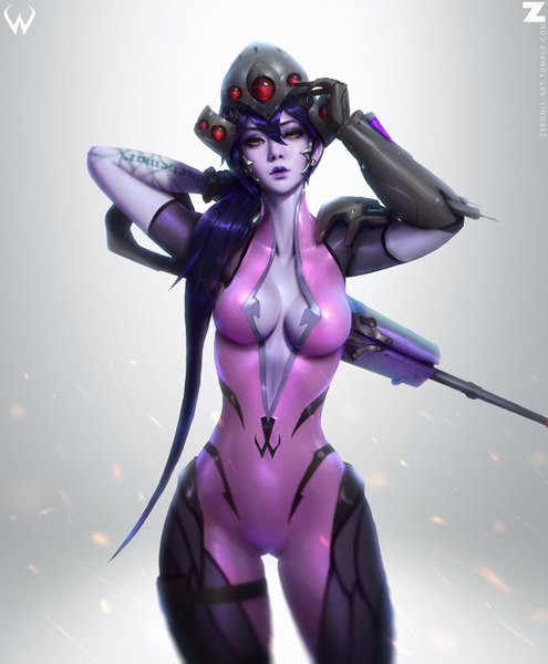 Anime picture 1157x1400 with overwatch blizzard entertainment widowmaker (overwatch) paul (shiramune) single long hair tall image looking at viewer fringe breasts light erotic simple background hair between eyes yellow eyes cleavage purple hair ponytail lips realistic grey background