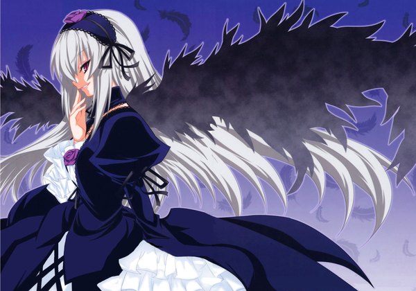 Anime picture 2139x1500 with rozen maiden suigintou highres white hair profile pink eyes dress wings rose (roses) feather (feathers)