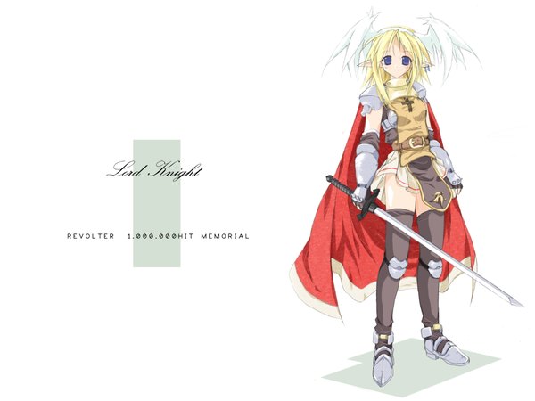 Anime picture 1024x768 with ragnarok online lord knight single blue eyes blonde hair pointy ears wallpaper head wings skirt sword armor cape